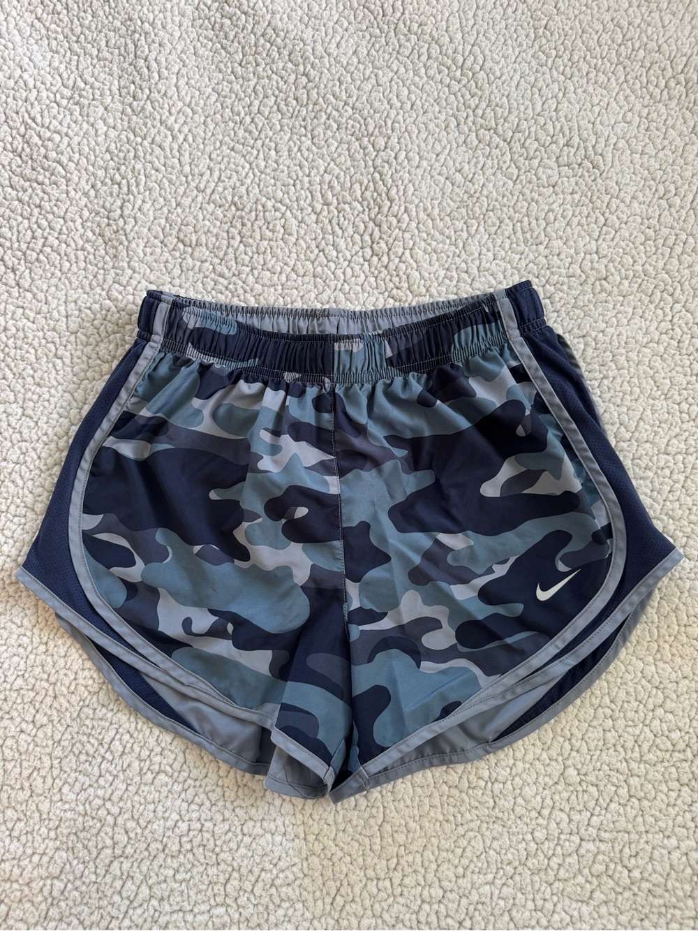 Nike Women's Blue and Gray Camouflage Running Shorts